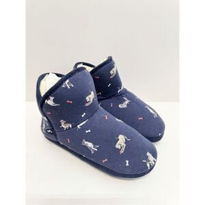 Joules Slippers Size 6 US Blue Dog Print Faux Fur Pull On Style